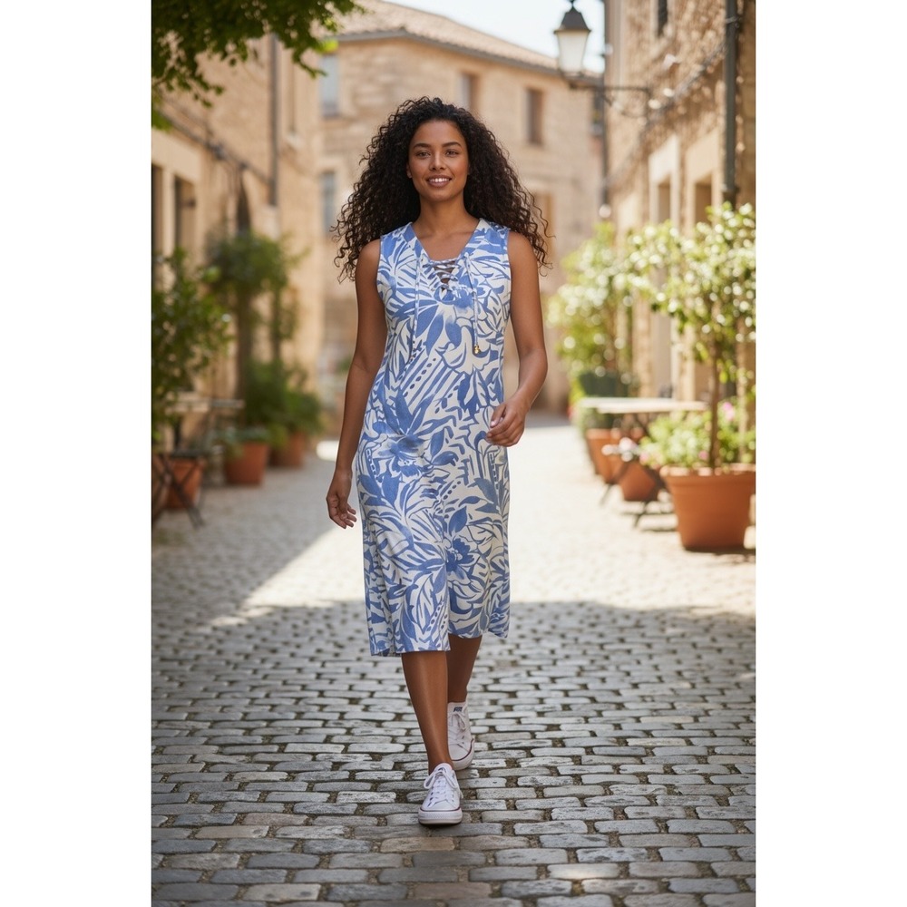 (H-56) Susan Graver Soleil Lace-Up Knit Dress Blue White Floral XS QVC New